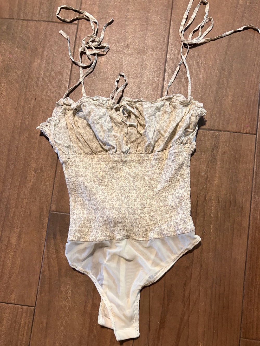 Free People Cream Smocked Mesh Tie-Strap Bodysuit